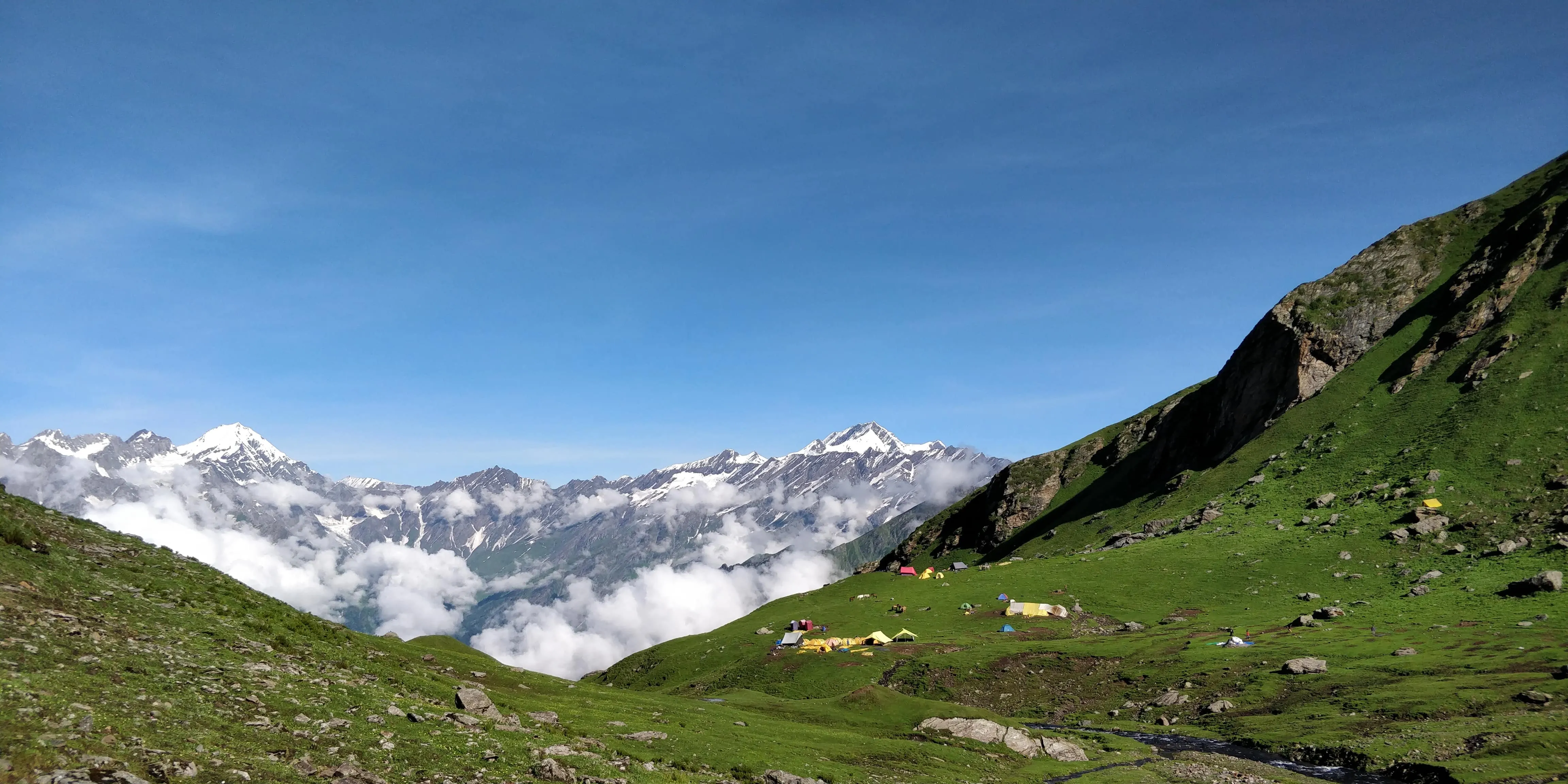 View of Rola Kholi Camp Site with Mt Hanuman Tibba (left) and Mt Ladakhi (right) in the Background